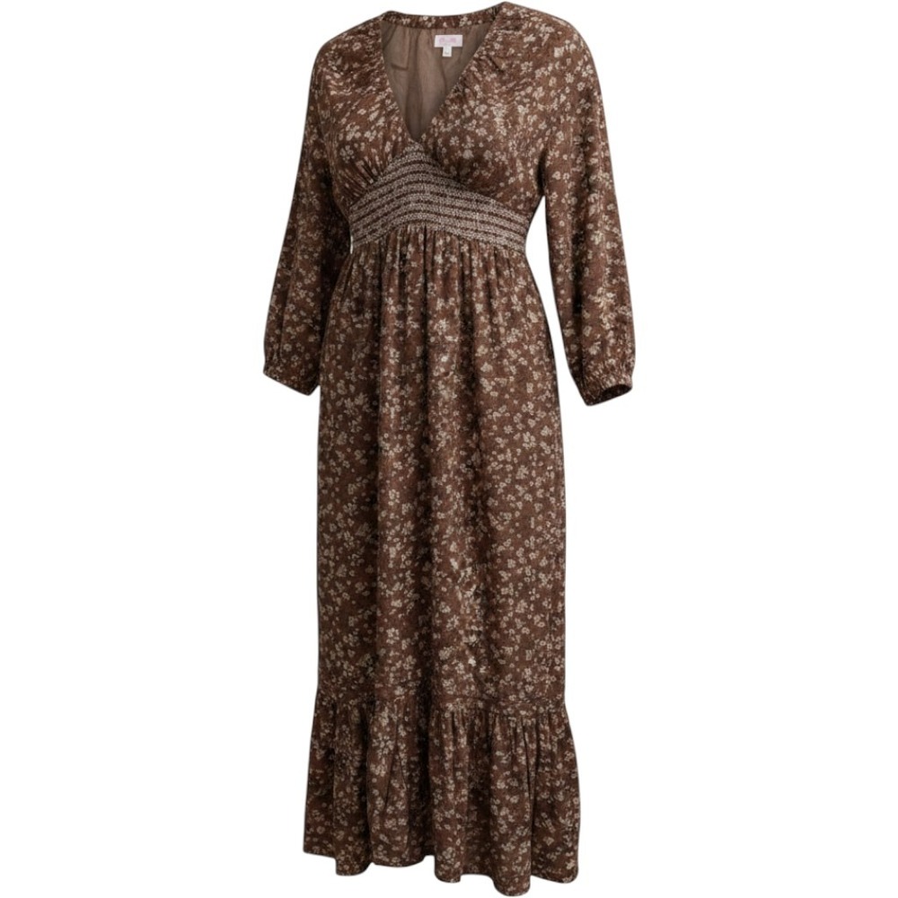 Pink Lily Brown Floral Smocked V-Neck Maxi Dress Balloon Sleeve CL28823 M